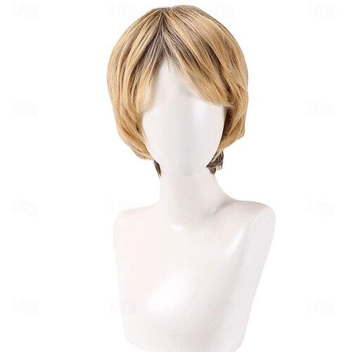  Parrucca da uomo bionda mista, corta, a strati, per cosplay, feste, parrucche di capelli naturali
