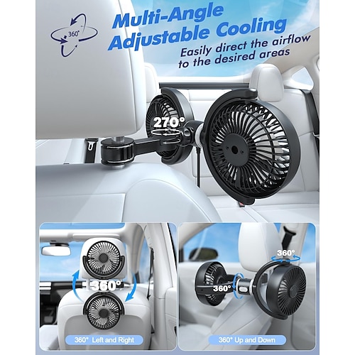  Ventilátor do auta napájený z USB pro miminka, duální ventilátory pro zadní sedadla, 3 rychlosti, samostatně ovládaný, tichý bezkartáčový motor, 360° otočný, 5V, cirkulace vzduchu pro zadní sedadla