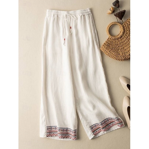  Mujer Pantalones de lino y algodón Chinos Pantalones Moda Estilo Étnico Básico Longitud total Alta cintura Floral Bordado Bolsillo Correa Comodidad Al Aire Libre Microelástico Vacaciones Calle Diario