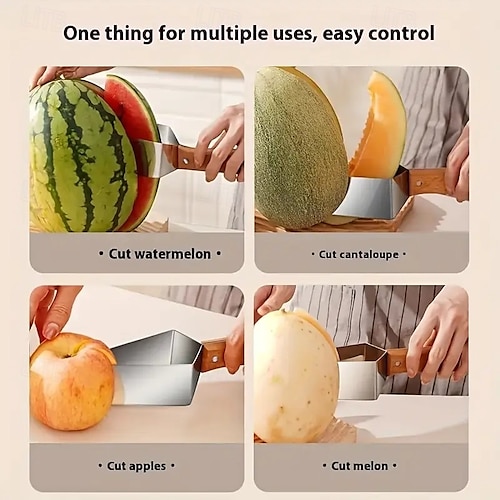  Coupe-melon en acier inoxydable avec lames triangulaires, coupe-fruits ergonomique avec manche en bois, outil de cuisine durable et sûr pour pastèque, cantaloup, etc.