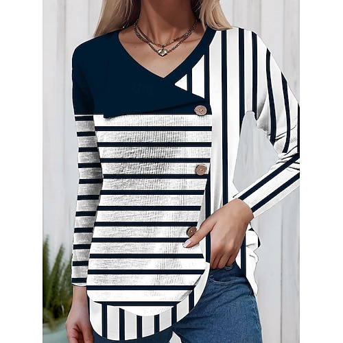  Women's Blouse Geometric Stylish Casual Long Sleeve V Neck Regular Tops Daily Pocket Buttons Print Black White Pink Spring Fall
