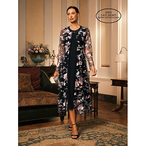  Femmes Manteau Respirant Dentelle Broderie Élégant Fleuri Formel Mariage Soirée Long Col Rond Coupe Ample manche longue Vêtements d'extérieur Gris Rose Noir Rouge Bordeaux Été Printemps