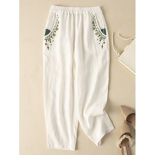  Per donna Pantaloni in cotone e lino Chinos Moda Essenziale Lunghezza intera Vita Alta Floreale Ricamato Comodità All'aperto Micro-elastico Vacanza Streetwear Quotidiano Bianco Giallo Albicocca Caffè