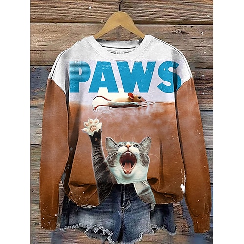  Women's Sweatshirts Graphic Cat Letter Casual Long Sleeve Crew Neck Regular Tops Street Dailywear Print Blue Purple Green Khaki Fall Winter