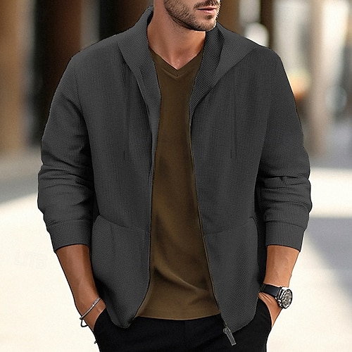  Homens Jaqueta Waffle Jaqueta casual Casaco com capuz Férias Diário Respirável Bolsos Primavera Outono Tecido Moda Clássico Com Capuz Padrão Preto Branco Azul cáqui Cinzento Casaco