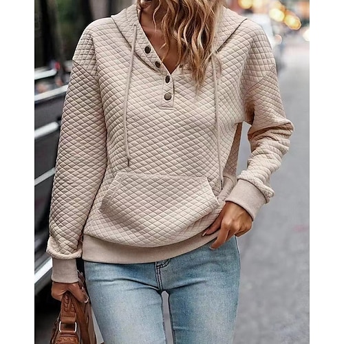  Dámská texturovaná mikina s vaflovým vzorem, svetr s kapucí, bez rukávů, streetwear, ležérní, pohodlná, s dlouhým rukávem, s kapucí, regular topy, street, sváteční, na ven, knoflíky, béžová, podzimní