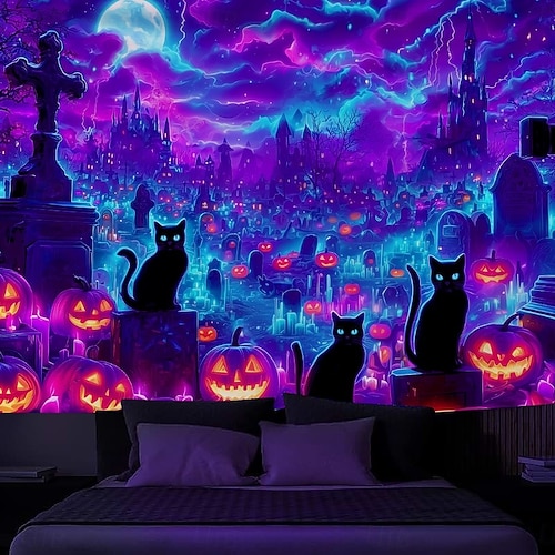 Halloween Blacklight Wall Tapestry – UV Reactive Haunted House