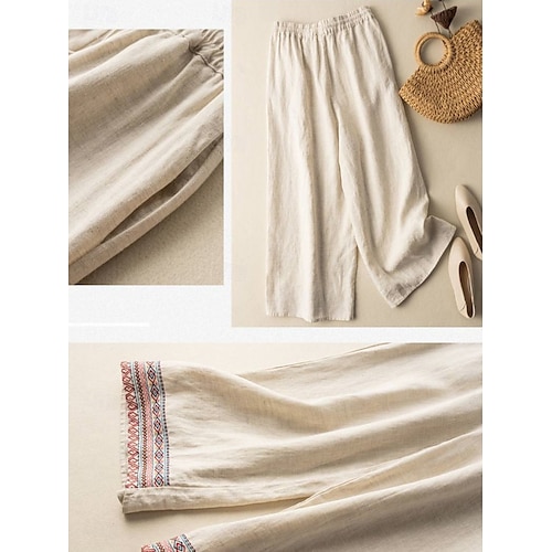  Mujer Pantalones de lino y algodón Chinos Pantalones Moda Estilo Étnico Básico Longitud total Alta cintura Floral Bordado Bolsillo Correa Comodidad Al Aire Libre Microelástico Vacaciones Calle Diario