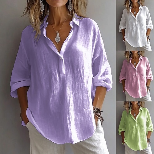 Femmes Chemise Ensembles inspirés du lin Boutonner Chemise en coton Couleur Unie Quotidien Occasionnel manche longue Manche Évêque Col de chemise Hauts Réguliers Quotidien Patchwork Boutons Blanche