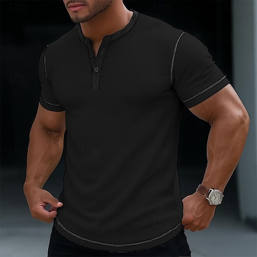  Men's Waffle Henley Shirt Tee Short Sleeve Solid Color Casual Buttons Henley Outdoor Casual Daily Summer Black White Yellow Henley T-Shirt