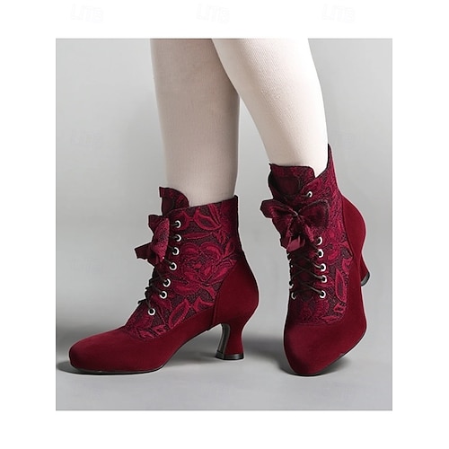  Botas femininas de cano curto estilo vitoriano bordô com cadarço, design de renda floral e salto médio – estilo retrô elegante para ocasiões formais e casuais