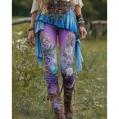  Femmes Pantalons Leggings Leggings confortables Occasionnel Boho Longueur complète Taille haute Fleur Taille Élastique Imprimé Respirabilité Confortable Élastique Vacances Rue Tenue quotidienne Rose