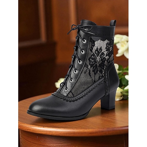  Botas femininas de cano curto com cadarço preto e inspiração eduardiana - botinhas vitorianas vintage de salto médio em malha com cadarço para moda gótica, cosplay e trajes com tema dos anos 1900
