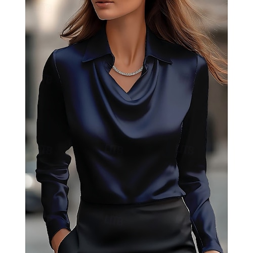  Damen Hemd Bluse Einfach Modern Lässig Langarm Hemdkragen Normale Oberteile Täglich Ausgehen Gerafft Schwarz Wein Marineblau Blau Khaki Herbst