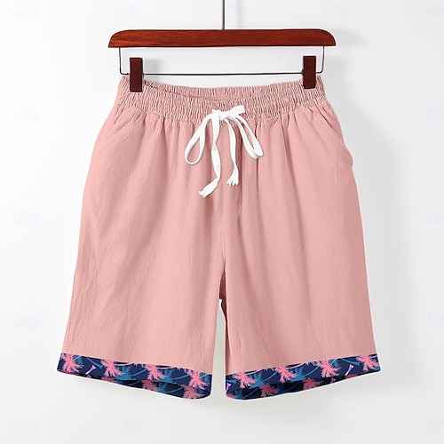  Herre Shorts i bomullslin Shorts Sommershorts Strandshorts Elastisk midje Snorer Trykt mønster Dyr Komfort Pustende Knelengde utendørs Ferie Ut på byen Ferie Hawaiisk Rosa Blå Mikroelastisk