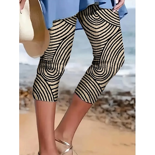  Dame Capri-bukser Leggings Ferie Årgang Etnisk stil Kalv lengde Høy Midje Grafisk Geometrisk Stripe Myk Bekvem Pustende Elastisk Feriereise Avslappet Daglig Hvit / Blå Brun Sommer Vår Høst Slank
