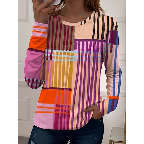  Kvinnors T-shirt Långärmad Crew Neck Långärmad Tunika Grafisk Geometrisk Vintage Avslappnad Regelbundna Toppar Dagligt Tryck Rosa Blå Lila Grön Vår Höst Förhösten