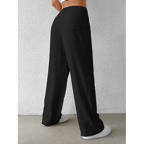  Mulheres Perna larga chinês Moda Básico Casual Comprimento total Cintura Média Côr Sólida Bolsos Conforto Exterior Sem Elasticidade Férias Rua Diário Preto Branco Azul Damasco Verão Primavera Outono