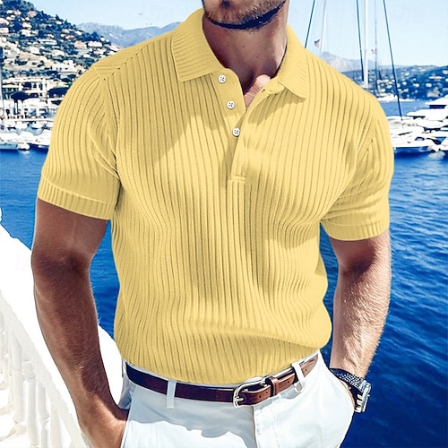  Herr Ribbstickad topp Golf pikétröjor Arbete Ledigt Kavajslag Ribbstickad polokrage Kortärmad Grundläggande Modern Färgblock Knappar Stickat Sommar Vår & sommar Normal Vit Gul Vinröd Marinblå Ljusbl
