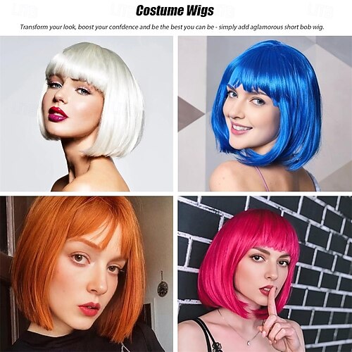 Blue Bob Wig with Fringe 12 Inch Short Straight Costume Wigs for