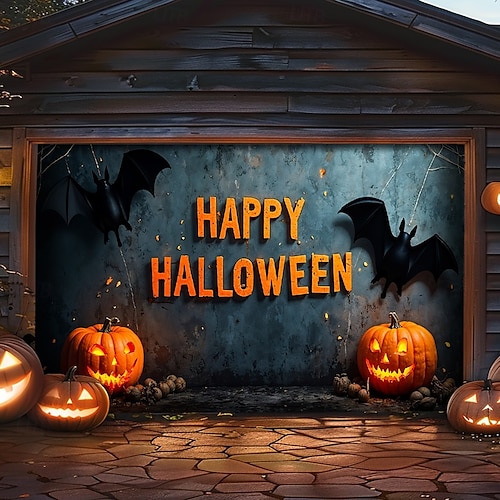  Halloween Garagentorabdeckung Banner Hintergrund – "Frohes Halloween" Szene mit Kürbissen und Fledermäusen übergroß für Garagentore inkl. einfach aufzuhängende Hardware Außendekoration für Halloween
