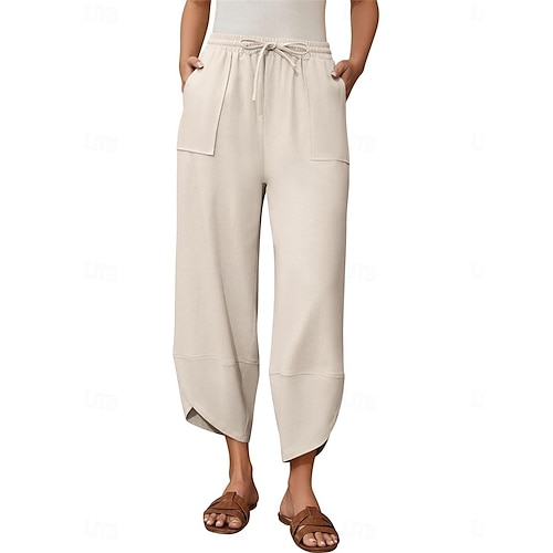  Damen Hose aus Baumwollleinen Chinos Mode Basic Volle Länge Hohe Taille Einfach Tasche Kordelzug Komfort Außenbereich Mikroelastisch Urlaub Straße Täglich Armee-Grün Schwarz Blau Khaki Sommer