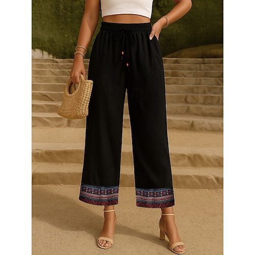 Mujer Pantalones de lino y algodón Chinos Pantalones Moda Estilo Étnico Básico Longitud total Alta cintura Floral Bordado Bolsillo Correa Comodidad Al Aire Libre Microelástico Vacaciones Calle Diario