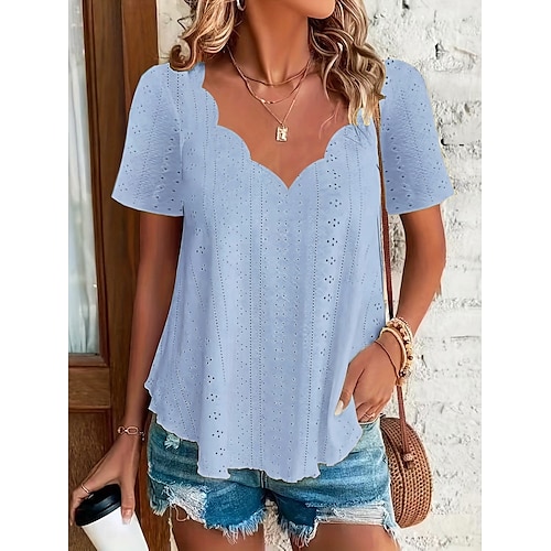  Women's Summer Tops Solid Color Stylish Casual Short Sleeve V Neck Regular Tops Daily Black White Pink Light Blue Summer Spring