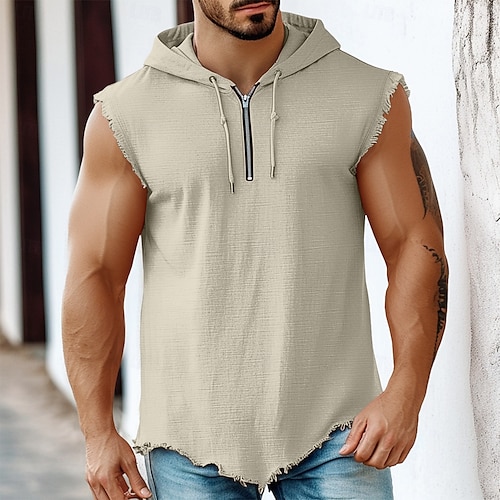  Herren Leinenhemd Tank Top Weste Unterhemd Ärmellos Mit Kapuze Sommer Einfach Mode Klassisch Modern Viertel Postleitzahl Straße Lässig Sport Schwarz Rosa Blau Top T-Shirt für Herren