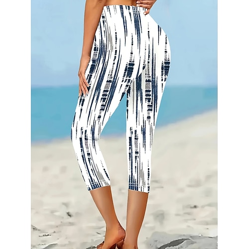  Dame Capri-bukser Leggings Ferie Årgang Etnisk stil Kalv lengde Høy Midje Grafisk Geometrisk Stripe Myk Bekvem Pustende Elastisk Feriereise Avslappet Daglig Hvit / Blå Brun Sommer Vår Høst Slank