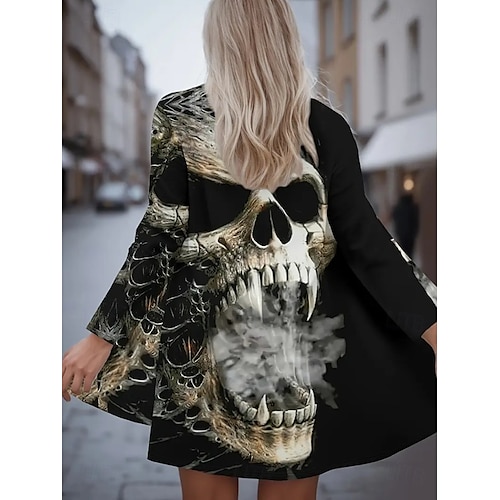  Damen Mantel Leicht Bequem Druck Vintage Künstlerisch Lässig Halloween Schädel Lässig Lang Kragenlos Normale Passform Langarm Oberbekleidung Schwarz Weiß Rote Frühling Herbst