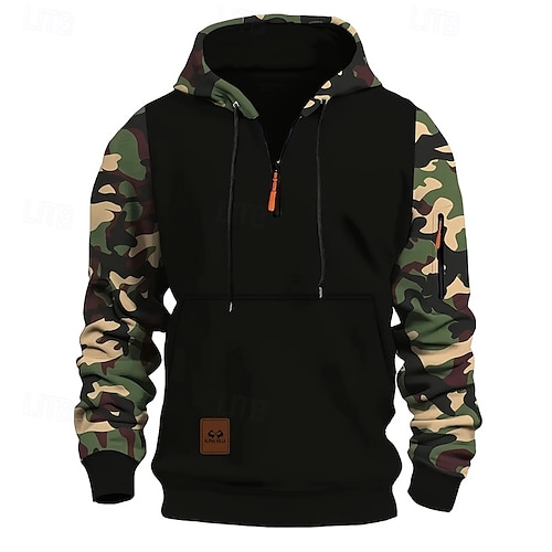 Homme Sweat à capuche Sweat à capuche quart zippé Rouge Bleu Vert Gris À capuche Camouflage Patchwork Cordon de serrage Sport & Loisir Quotidien Fête Polyester Streetwear Basique Occasionnel Hiver