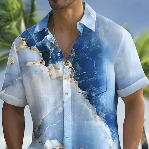  Miesten Kaltevuus Aaltokuvio Marmori Paita Kesä paita Button Up paita Lyhythihainen Muoti rento ulko- Loma Arkikäyttö Kesä Kevät Sänkyjen avaus 3D-tulostus kauluspaidat Edessä yksi tasku Sininen