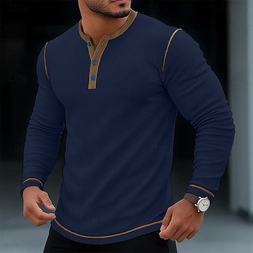  Men's T Shirt Henley Shirt Waffle Knit Tee Tee Top Long Sleeve Shirt Long Sleeve Color Block Solid Fashion Designer Basic Patchwork Henley Vacation Street Casual Spring &  Fall All Seasons Black