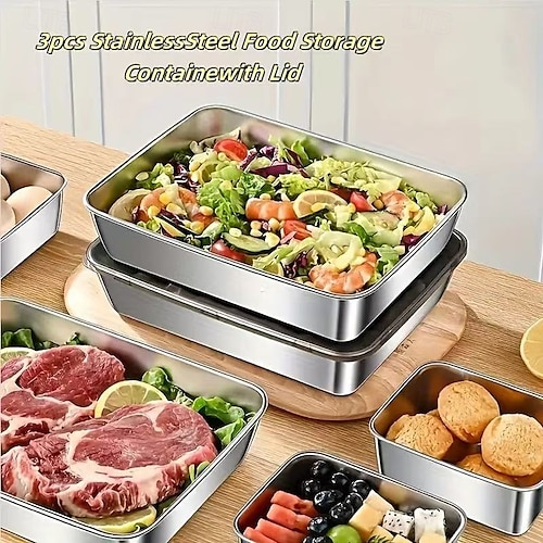  Set di 3 contenitori per alimenti in acciaio inossidabile, senza BPA, riutilizzabili, facili da pulire, design impilabile per frutta, carne, verdura, frigorifero e dispensa.