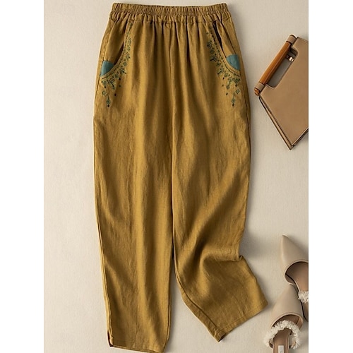  Per donna Pantaloni in cotone e lino Chinos Moda Essenziale Lunghezza intera Vita Alta Floreale Ricamato Comodità All'aperto Micro-elastico Vacanza Streetwear Quotidiano Bianco Giallo Albicocca Caffè