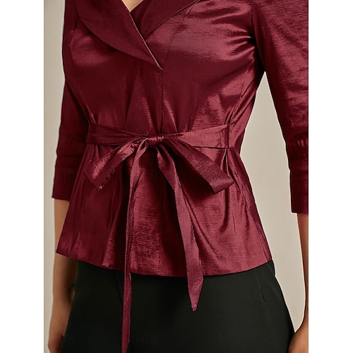  Women's Blouse Evening Tops Elegant Metallic Stylish 3/4 Length Sleeve V Neck Regular Tops Wedding Guest Evening Party Semi Formal Tie Front Wine Spring, Fall, Winter, Summer