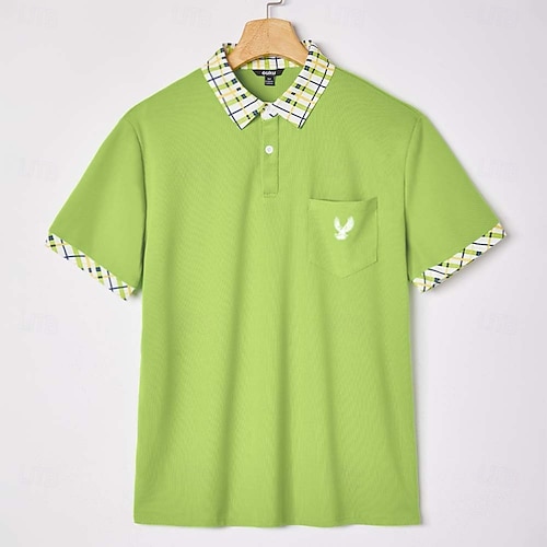  Men's Golf Shirt Pique Polo Shirt Business Casual Ribbed Polo Collar Short Sleeve Fashion Basic Solid Color Plaid Buttons Logo Summer Spring Spring &  Fall Regular Fit Yellow Navy Blue Green Golf