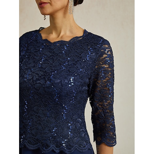  Femmes Robe Midi Robe en Chiffon Élégant Fête Anniversaire Coupe régulière Couleur Unie Manche 3/4 Col ras du cou bleu marine Été Printemps Automne