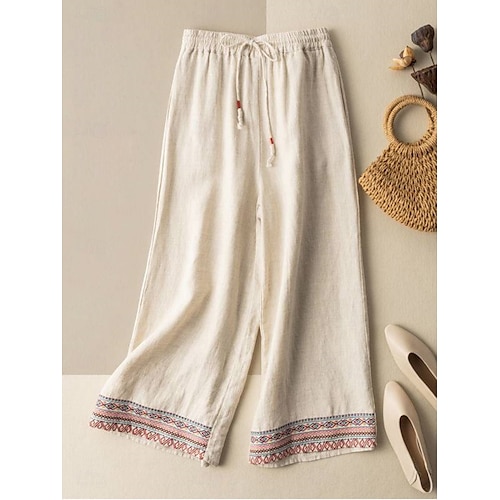  Mujer Pantalones de lino y algodón Chinos Pantalones Moda Estilo Étnico Básico Longitud total Alta cintura Floral Bordado Bolsillo Correa Comodidad Al Aire Libre Microelástico Vacaciones Calle Diario