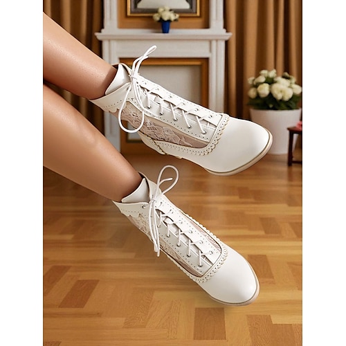  Botas femininas de cano curto com cadarço preto e inspiração eduardiana - botinhas vitorianas vintage de salto médio em malha com cadarço para moda gótica, cosplay e trajes com tema dos anos 1900