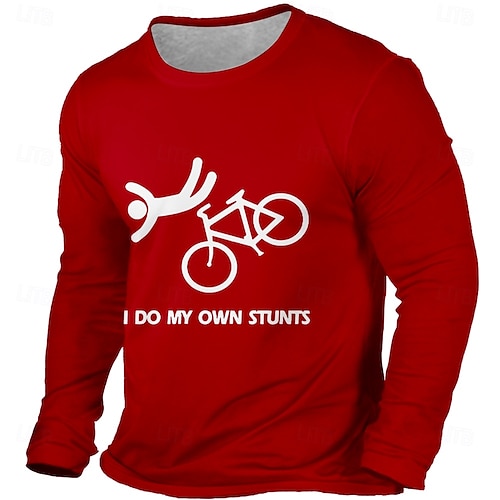  maglietta da uomo con scritta "I do my own stunts", maglietta a maniche lunghe con stampa 3D, girocollo, moda, basic, street casual, abbigliamento quotidiano, nero, rosso e blu.