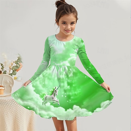 Girls' 3D Unicorn Dress Long Sleeve Summer Spring Vacation Daily Holiday Princess Beautiful Sweet Kids 4-12 Years Casual Dress A Line Dress Knee-