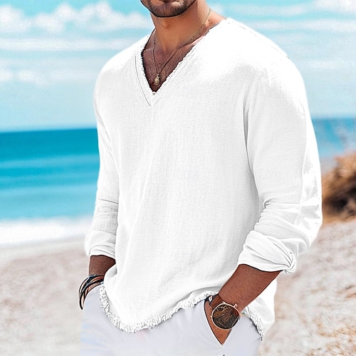  Per uomo Maglietta in lino Manica Lunga Scollo a V Estate Primavera Tinta unica Vintage Stile Boho Casual Senza bordo Vacanza Streetwear Casuale Bianco Rosa Blu chiaro Maglietta Top per Uomo