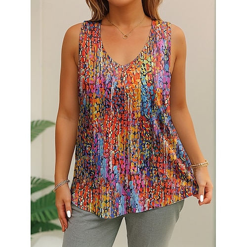  Women's Plus Size Tops T Shirt Graphic Abstract Sleeveless V Neck Casual Daily Polyester Summer Yellow Blue