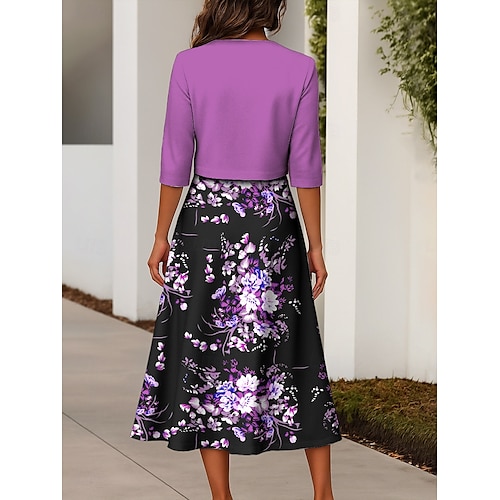  Femmes Robe Ensemble Robe Midi Vacances Fête Fleuri Imprimé Robe Midi Manche 3/4 Col ras du cou Quotidien Jaune Bleu Violet Printemps Automne Coupe régulière