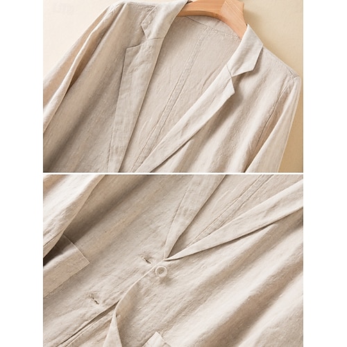  Blazer feminino de algodão e linho, confortável, respirável, com bolso, casual, liso, para escritório, casual, uso diário, abotoamento simples, regular, abertura para baixo, ajuste regular, manga comprida, agasalho branco, verde, bege, verão