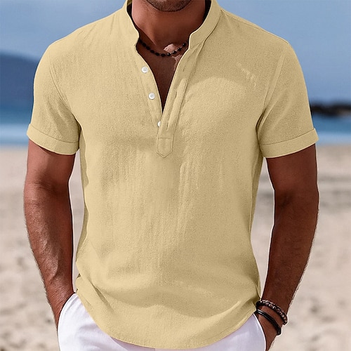  Men's Shirt Linen Shirt Band Collar Shirt Popover Shirt Summer Shirt Beach Wear Plain Vacation Casual Black White Yellow Pink Short Sleeve Stand Collar Summer Clothing Apparel