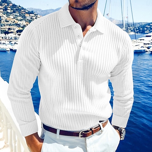  Men's Rib Knit Top Golf Shirt Street Casual Lapel Long Sleeve Basic Modern Plain Buttons Spring Fall All Seasons Regular Fit White Blue Navy Blue Grey Rib Knit Top