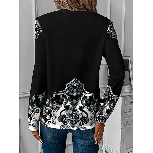  Blouse Femme Tunique Dentelle Écaille Col V Manches Longues Graphique Paisley Plantes Col Rond Regular T-shirts Imprimé Quotidien Sortir Week-end Imprimé Dentelle Noir Printemps Automne Préautomne